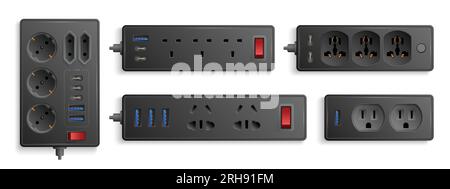 Realistic electric extension cord with usb ports and turn on and off switches black set isolated at white background vector illustration Stock Vector