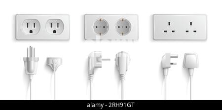 Realistic mockup of electric wall sockets and plugs with different port connectors white set isolated vector illustration Stock Vector