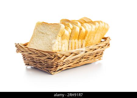 White sliced toast bread in basket isolated on the white background. Stock Photo