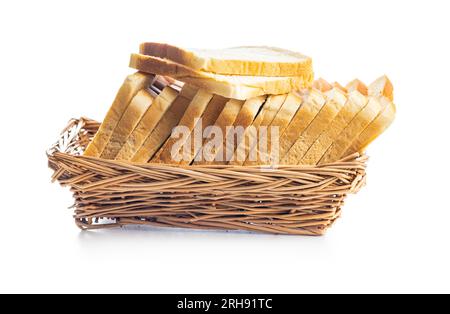 White sliced toast bread in basket isolated on the white background. Stock Photo