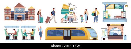 Railway station flat icons set with passengers and train wagon isolated vector illustration Stock Vector