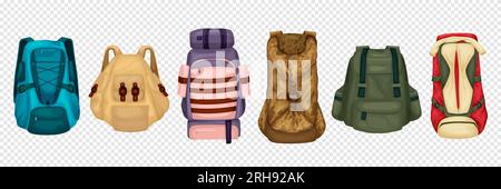 Travel backpack transparent set of different colors models and forms of handle bags isolated vector illustration Stock Vector