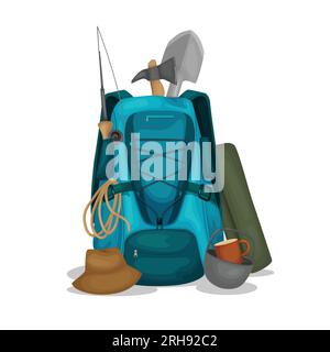 Travel equipment flat composition with backpack axe shovel touristic pot rope isolated vector illustration Stock Vector