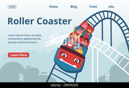 Roller coaster web site landing page with flat images of people in amusement park text links vector illustration Stock Vector