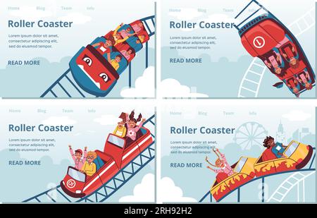 Roller coaster flat set with isolated landing pages clickable links text and people taking amusement rides vector illustration Stock Vector