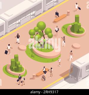 Urban city green spaces eco design isometric and colored composition with city dwellers walking in the street vector illustration Stock Vector