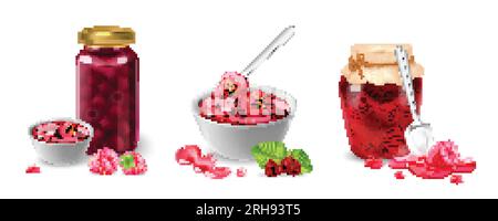 Realistic jam set of compositions with berry jam spoons glass cans and berries on blank background vector illustration Stock Vector