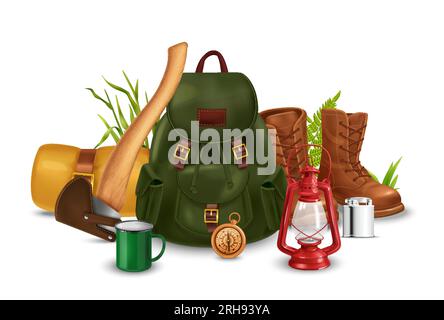 Realistic vintage camping composition with backpack roll mat cup compass and leather shoes standing on grass vector illustration Stock Vector