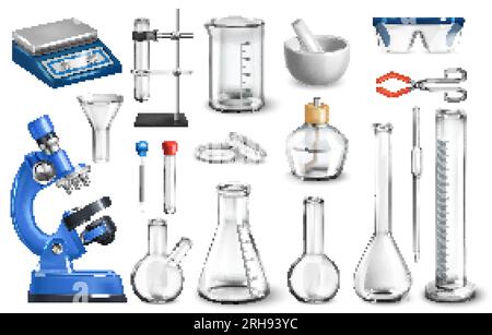 Realistic laboratory set with isolated images of glass jars and flasks with microscope and test tubes vector illustration Stock Vector