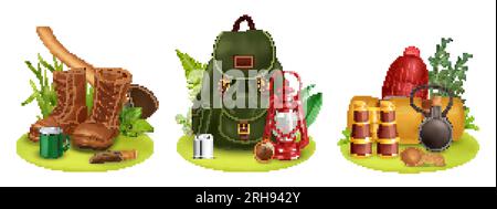 Realistic vintage camping set of three isolated compositions with backpack shoes tools and binocular in grass vector illustration Stock Vector