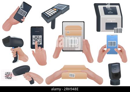 Scan codes set of realistic icons with isolated human hands holding scanners tags and cardboard boxes vector illustration Stock Vector