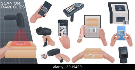 Scan codes realistic composition of human hand holding box being scanned and set of isolated icons vector illustration Stock Vector