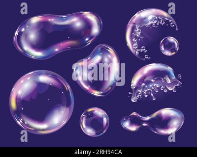 Realistic soap foam bubbles set on dark background isolated vector illustration Stock Vector