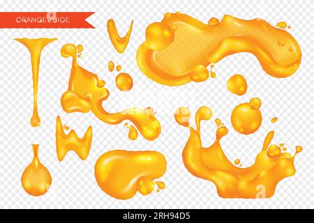 Realistic orange liquid splashes isolated on transparent background vector illustration Stock Vector