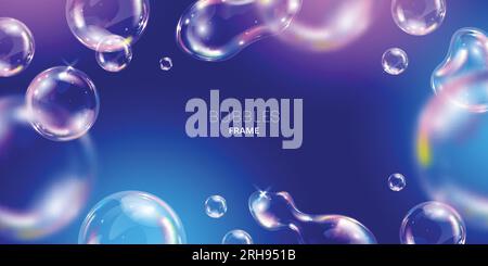 Realistic colorful soap bubbles on blue background frame vector illustration Stock Vector