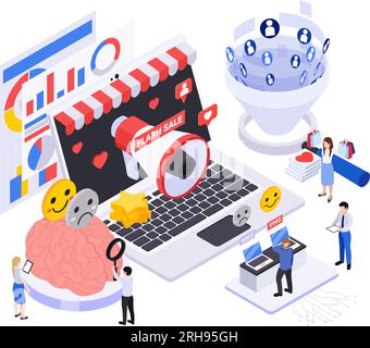 Neuromarketing isometric concept with people studying customers behaviour during shopping vector illustration Stock Vector