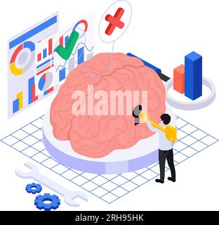 Isometric concept of neuromarketing with character using key to human brain 3d vector illustration Stock Vector