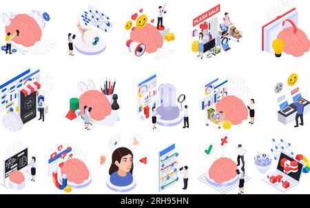 Neuromarketing technology isometric set with people analysing customers behaviour isolated 3d vector illustration Stock Vector