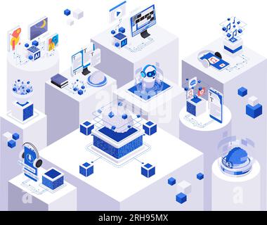 Artificial intelligence technology creating various content isometric composition 3d vector illustration Stock Vector