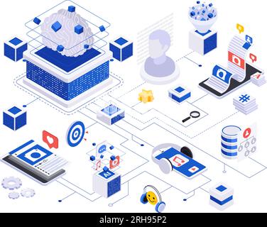 Ai powered content creation isometric flowchart with artificial intelligence technologies creating music generating ideas vector illustration Stock Vector