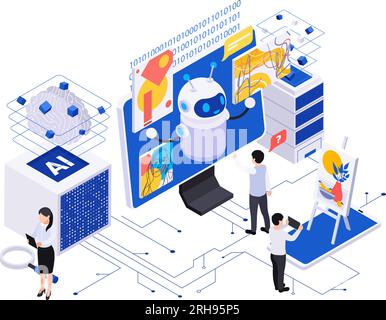 Ai powered content creation isometric composition with human characters and cute robot generating art on computer screen 3d vector illustration Stock Vector