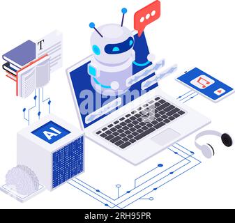 Ai powered content creation isometric concept with chatbot on laptop screen 3d vector illustration Stock Vector