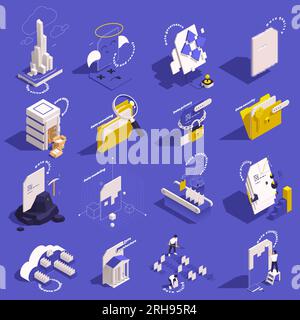 Data management concept set of isometric icons with isolated images of cloud documents folders backup storage vector illustration Stock Vector