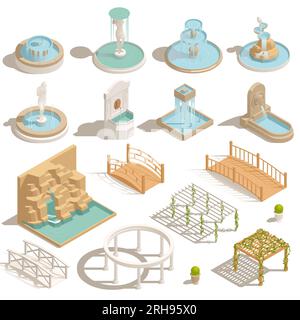 Park fountains ponds gazebo isometric set of isolated icons with landscape elements bridges waterfalls and summerhouses vector illustration Stock Vector