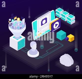 Content generated by artificial intelligence technologies isometric concept on dark background 3d vector illustration Stock Vector
