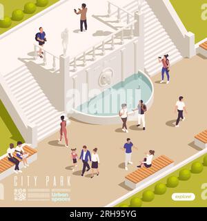 Park fountains ponds gazebo isometric composition with outdoor scenery of historic landmark with stairways and people vector illustration Stock Vector