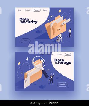 Data management concept icons isometric set of web site landing pages with clickable links and text vector illustration Stock Vector