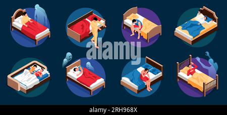 People sleeping and experiencing nightmares isometric compositions set isolated on dark background vector illustration Stock Vector