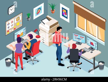 Design studio office interior with team of designers working on projects 3d isometric vector illustration Stock Vector