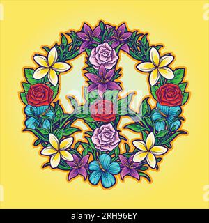 Bohemian peace symbol with decorative flowers vector illustrations for your work logo, merchandise t-shirt, stickers and label designs, poster, greeti Stock Vector