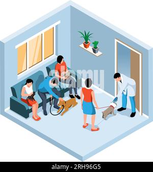 People with cats and dogs waiting in queue in veterinary clinic isometric 3d vector illustration Stock Vector