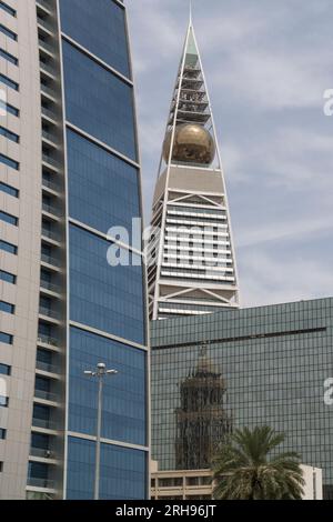 The Al Faisaliyah Tower, a commercial skyscraper and mixed-use complex located in the al-Olaya district of Riyadh, Saudi Arabia. Stock Photo