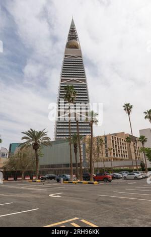 The Al Faisaliyah Tower, a commercial skyscraper and mixed-use complex located in the al-Olaya district of Riyadh, Saudi Arabia. Stock Photo