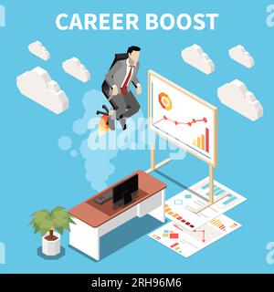Career boost isometric concept with abstract situation the man flies on chair like rocket vector illustration Stock Vector