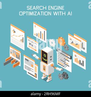 Marketing AI technologies isometric concept with search engine optimization with ai headline vector illustration Stock Vector
