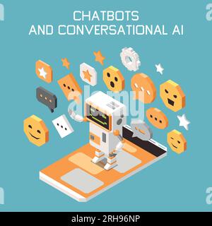 Marketing AI technologies isometric colored concept with chatbots and conversational ai description vector illustration Stock Vector