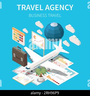 Touristic travel agency isometric colored concept with business travel description map white aeroplane calendar suitcase vector illustration Stock Vector