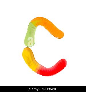 Letter C made of multicolored gummi worms and isolated on pure white background. Food alphabet concept. One letter of the set of sweet food font easy Stock Photo