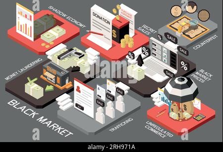 Black market isometric composition with trafficking unregulated commerce shadow economy and other vector illustration Stock Vector