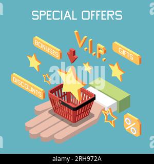 Customer loyalty bonus reward programs isometric colored  composition with special offer description vector illustration Stock Vector