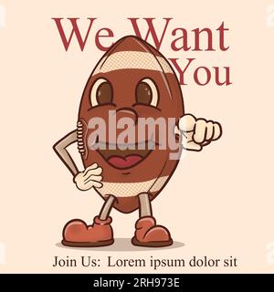 we want you to play football funky mascot pointing. gridiron american football mascot vintage style vector illustration with face. Stock Vector