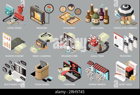 Black market isometric icon set with illegal goods smuggling counterfeit bootlegging unregulated commerce shadow economy money laundering descriptions Stock Vector