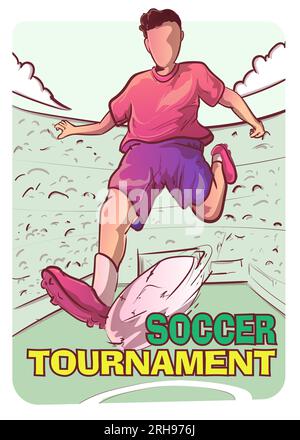 striker kicks the ball into the goal. soccer tournament poster template vector illustration. Stock Vector