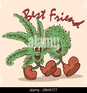 best friend leaf and flower mariuana mascot walking together. retro ganja with face mascot concept vector illustration Stock Vector