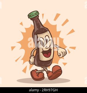 walking beer bottle with happy cartoon face concept. funky beer retro mascot illustration Stock Vector