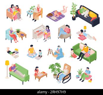 Isometric reading book people set with isolated icons of interior elements with human characters and books vector illustration Stock Vector